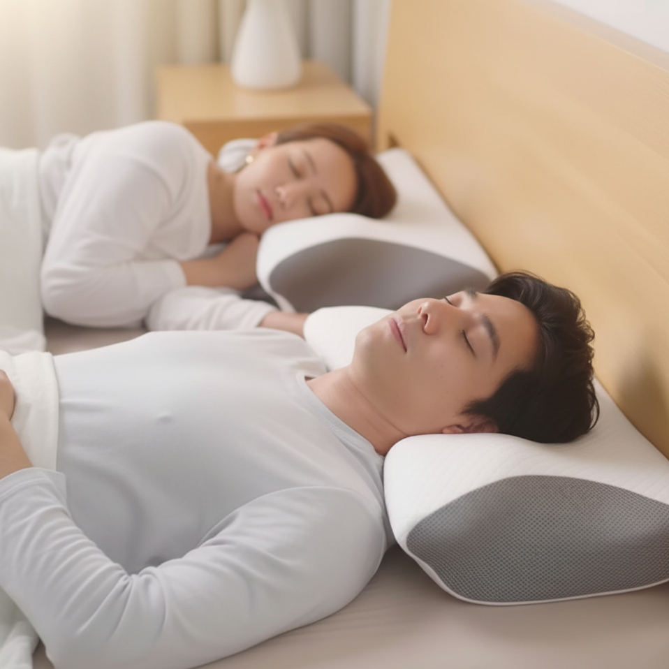 Two people lying on the bed with neck support pillows.
